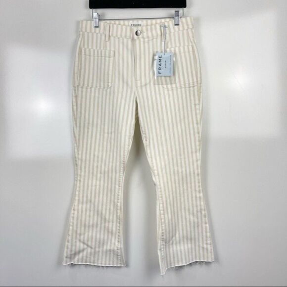 NEW FRAME Le Bardot Crop Flare Jeans Striped Raw Edge White Tan Women's Size 30 - Picture 3 of 10